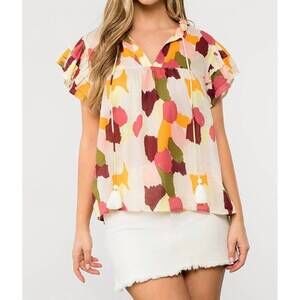 NEW THML spotted flutter sleeve top in cream multi color